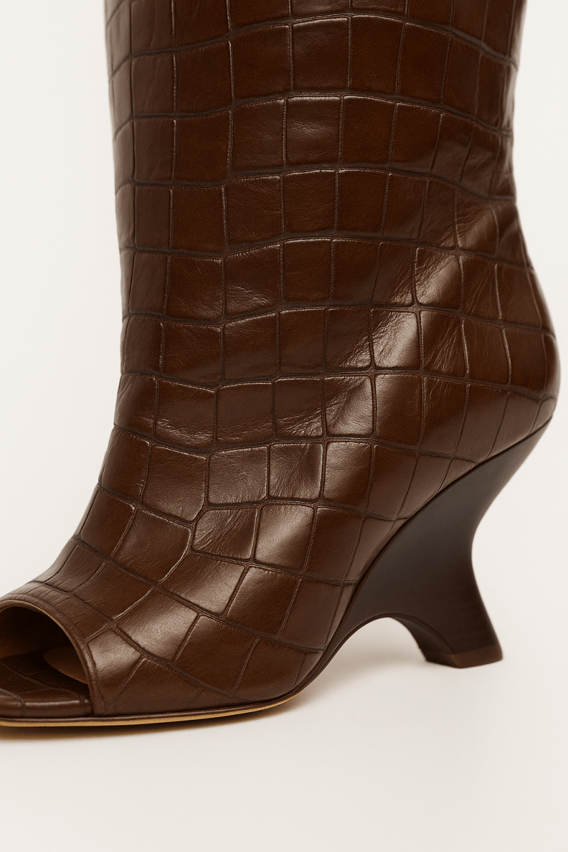 Croc-Embossed Peep Toe Boots
