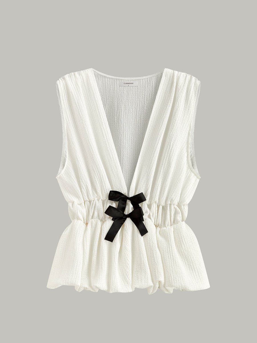 V-Neck Gathered Waist Bow-Detail Top