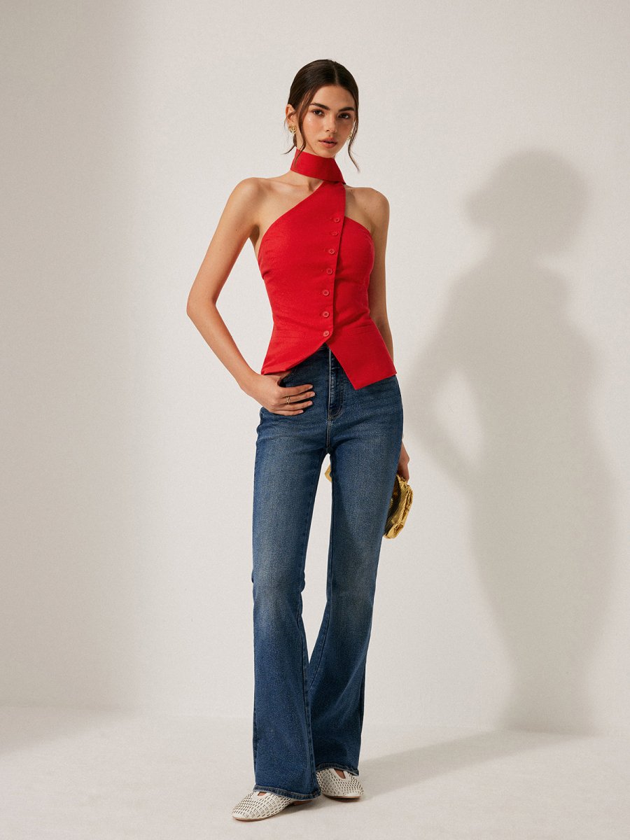 Cotton & Linen Halter Top With Decor Pockets