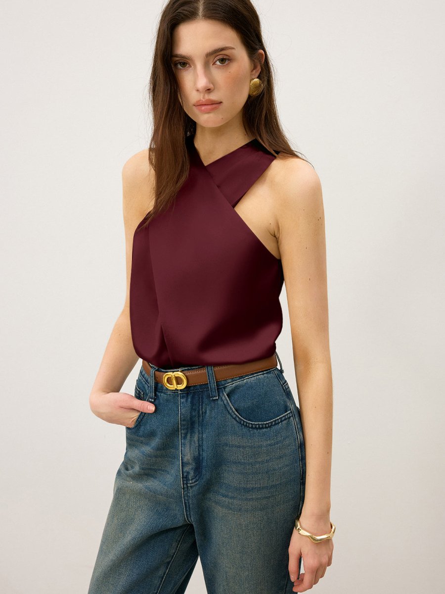 Satin Cross-Over Collar Tank Top