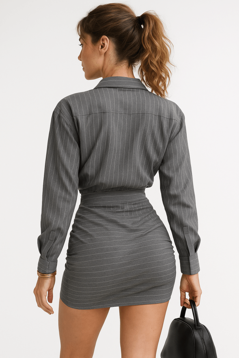 Striped Two-Piece Set Lapel Shirt & Slim Mini Skirt