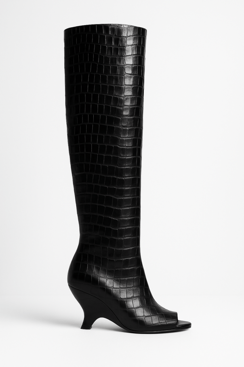 Croc-Embossed Peep Toe Boots