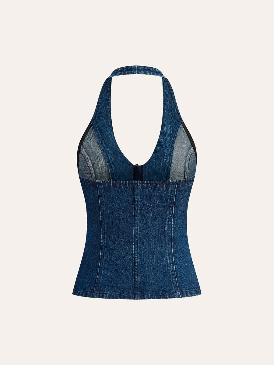 Halter Neck Button Detail Denim Top