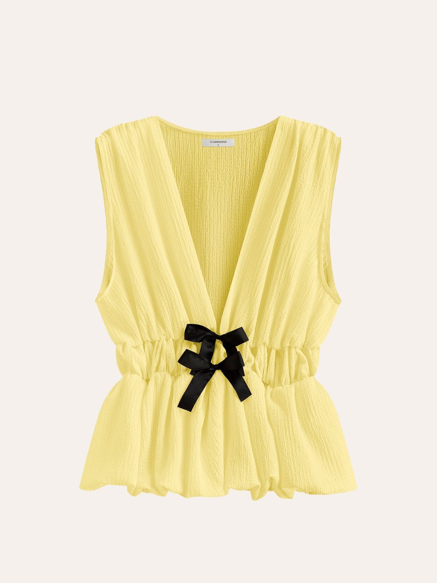 V-Neck Gathered Waist Bow-Detail Top