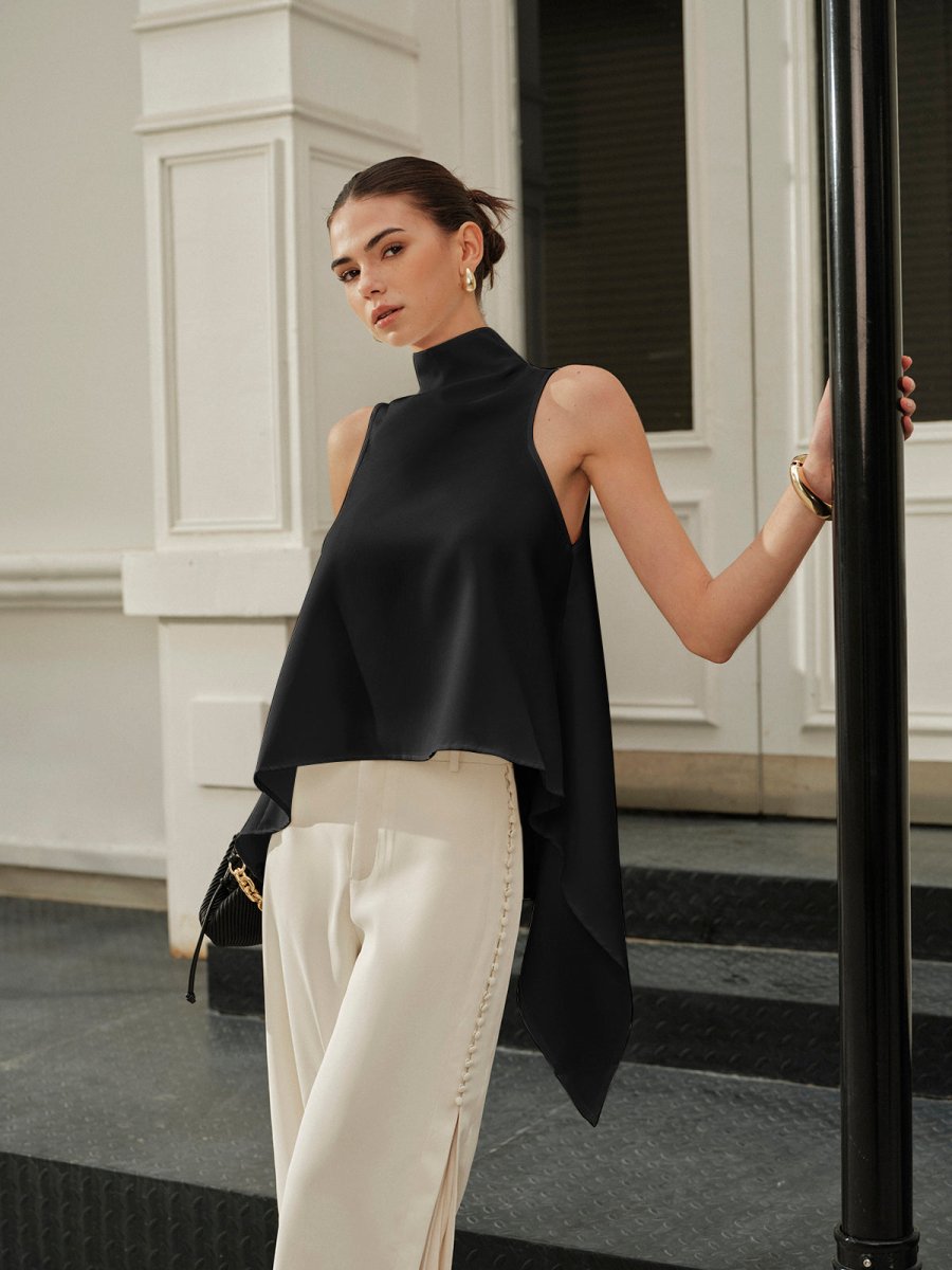 Asymmetrical Mock Neck Sleeveless Top