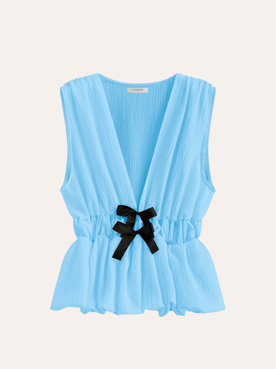 V-Neck Gathered Waist Bow-Detail Top