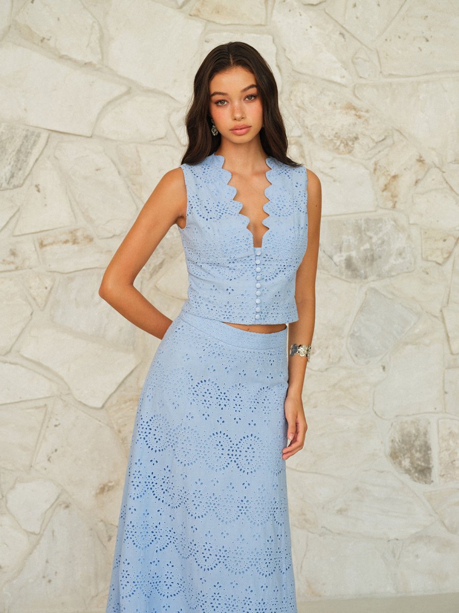 Scalloped Neckline Button-Front Eyelet Crop Top