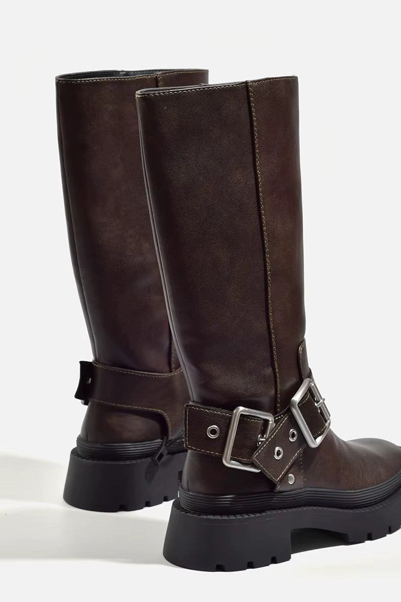 Retro Buckle Knee-High Boots
