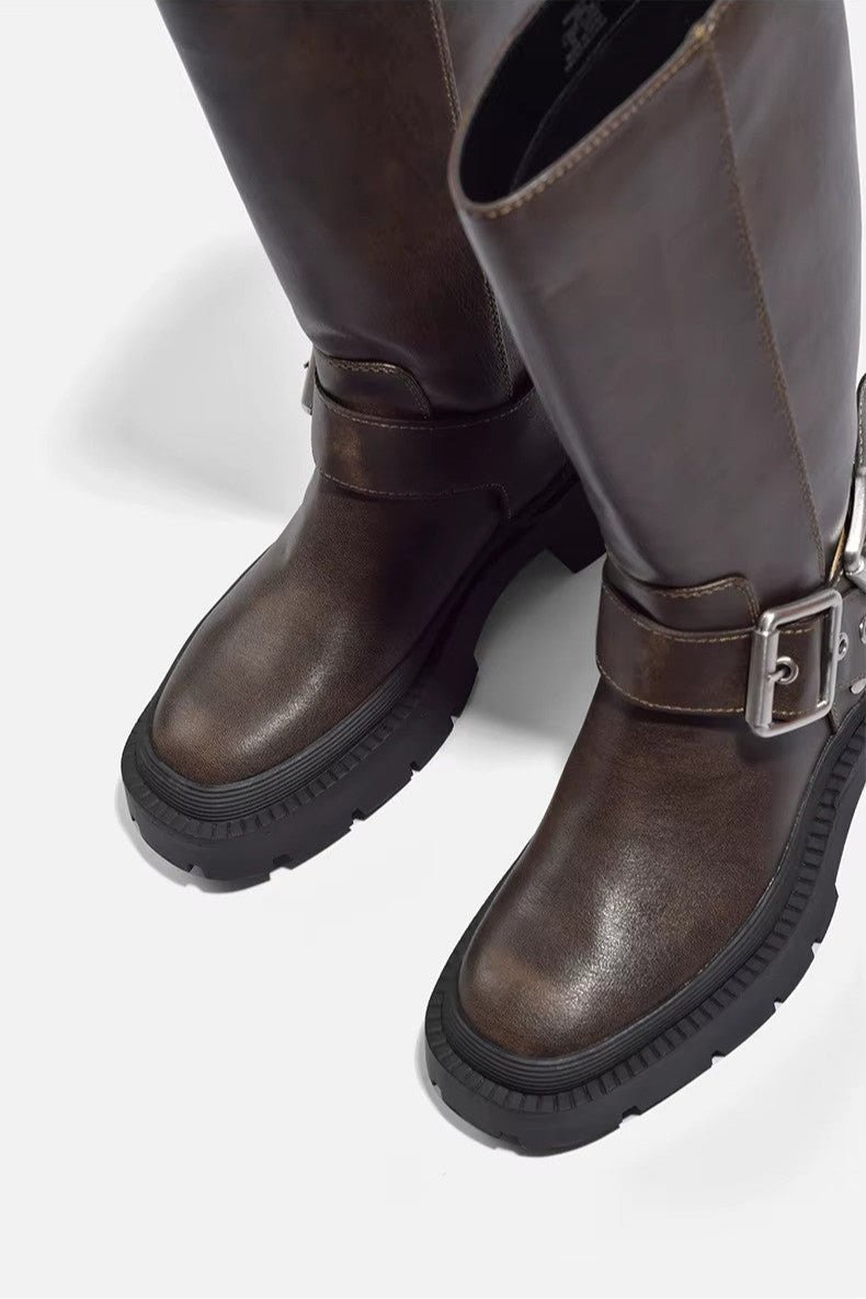 Retro Buckle Knee-High Boots