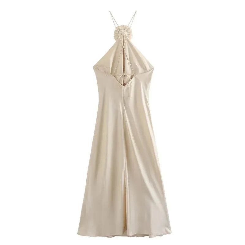 The Satin Bloom Maxi Dress | Champagne Elegance
